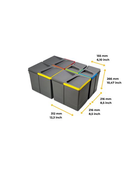 Emuca Kit di contenitori per la raccolta differenziata per cassetti da cucina Recycle Altezza Recycle 266 mm, 3x15 lt, 2x7 lt, G