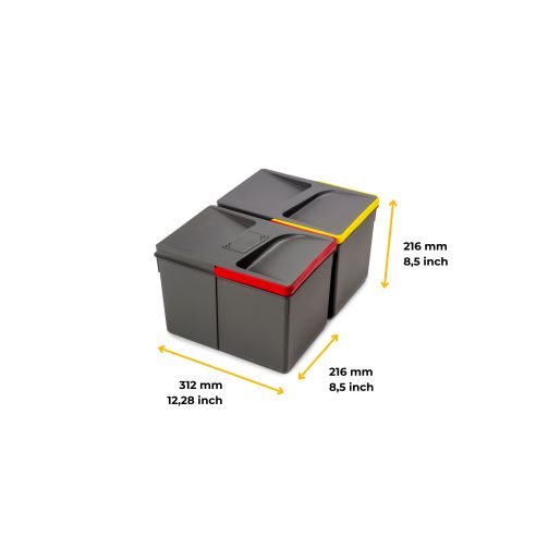 Emuca Contenitori per cassetti da cucina Recycle con coperchio anti-odore, Altezza 216mm, 2x12 lt, Grigio antracite Tecnoplastic