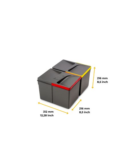 Emuca Contenitori per cassetti da cucina Recycle con coperchio anti-odore, Altezza 216mm, 2x12 lt, Grigio antracite Tecnoplastic