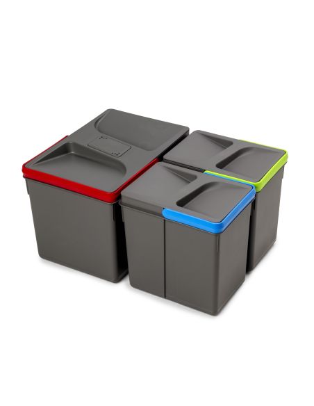 Emuca Contenitori per cassetti da cucina Recycle con coperchio anti-odore, Altezza 216mm, 1x12 lt, 2x6 lt, Grigio antracite Tecn