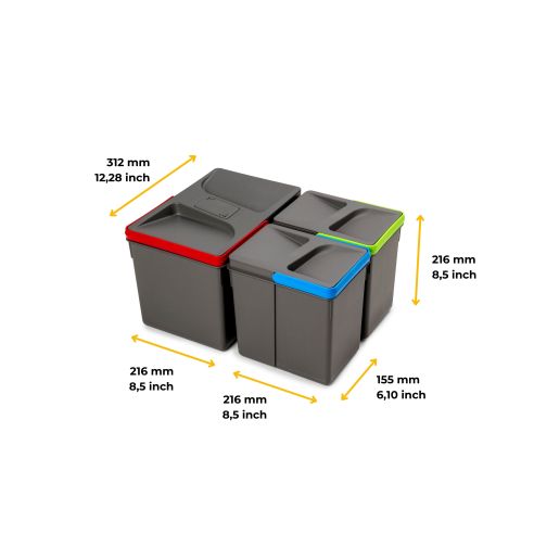 Emuca Contenitori per cassetti da cucina Recycle con coperchio anti-odore, Altezza 216mm, 1x12 lt, 2x6 lt, Grigio antracite Tecn