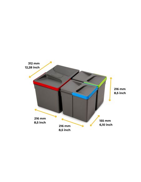 Emuca Contenitori per cassetti da cucina Recycle con coperchio anti-odore, Altezza 216mm, 1x12 lt, 2x6 lt, Grigio antracite Tecn