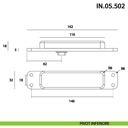 Cerniera pivot per porta a bilico JNF IN.05.502 bidirezionale rotazione libera 360° portata 500 kg Satinato - disegno