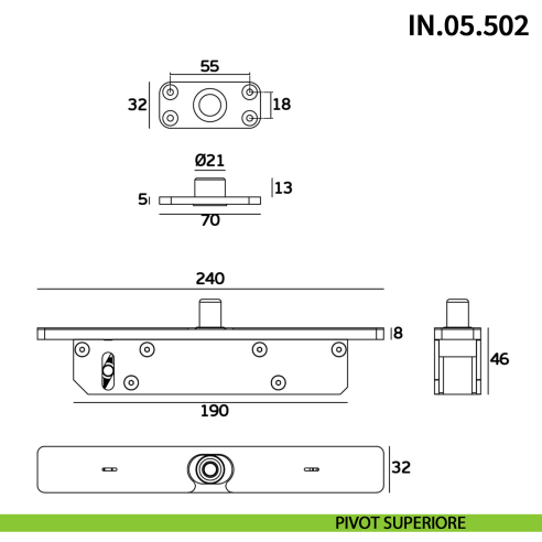Cerniera pivot per porta a bilico JNF IN.05.502 bidirezionale rotazione libera 360° portata 500 kg Satinato - disegno