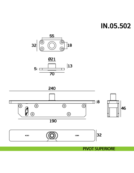 Cerniera pivot per porta a bilico JNF IN.05.502 bidirezionale rotazione libera 360° portata 500 kg Satinato - disegno