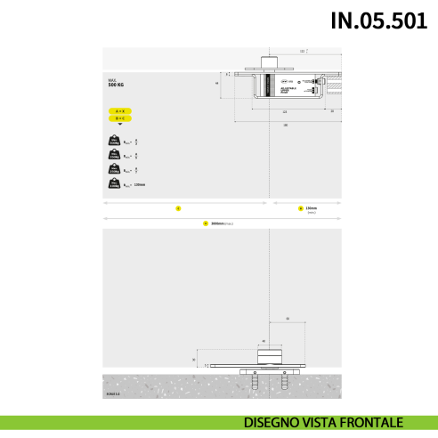 Cerniera pivot per porta a bilico pesante JNF IN.05.501 rotazione libera 360° portata 500 kg Satinato - disegno