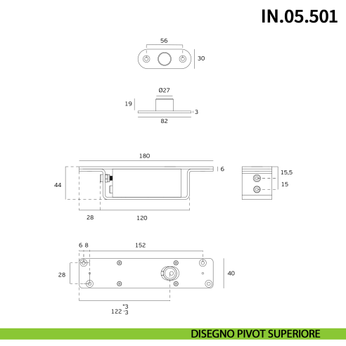 Cerniera pivot per porta a bilico pesante JNF IN.05.501 rotazione 360° portata 500 kg Satinato - disegno