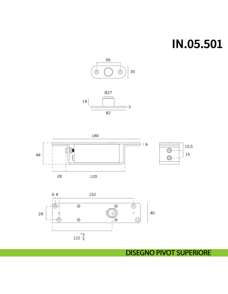 Cerniera pivot per porta a bilico pesante JNF IN.05.501 rotazione 360° portata 500 kg Satinato - disegno