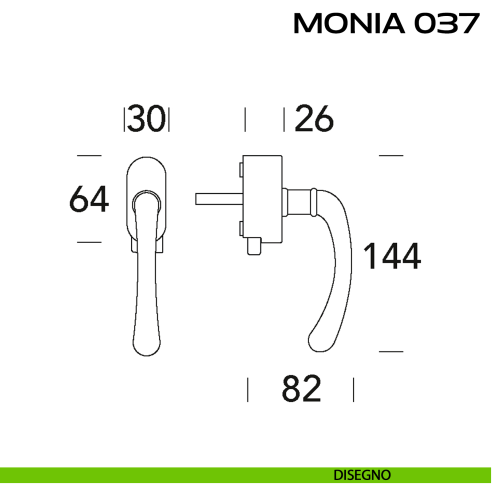 Maniglia per finestra DK con pulsante su placca Monia 037 Reguitti disegno