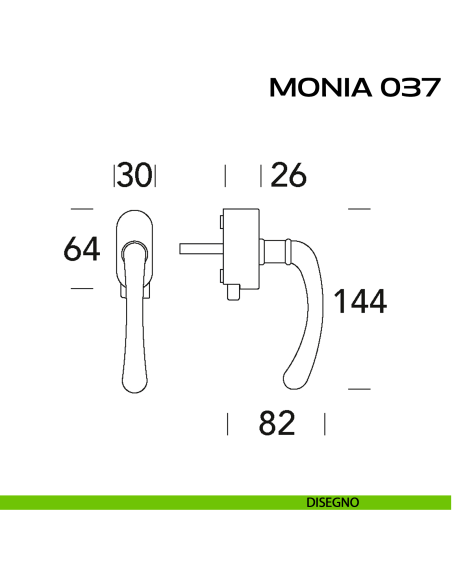 Maniglia per finestra DK con pulsante su placca Monia 037 Reguitti disegno