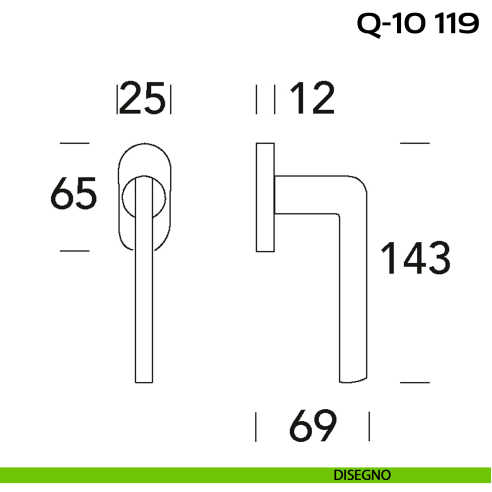 Maniglia martellina DK stretta per finestra Q-10 119 Reguitti disegno