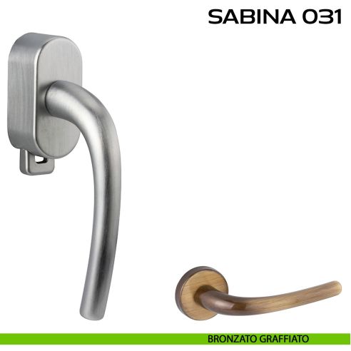 Maniglia per finestra DK con pulsante su placca Sabina 031 Reguitti bronzato