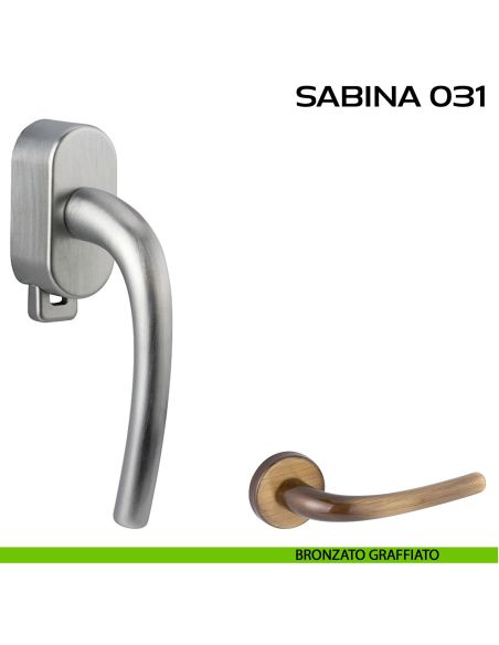 Maniglia per finestra DK con pulsante su placca Sabina 031 Reguitti bronzato