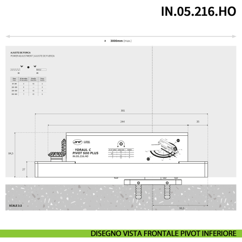 Cerniera pivot idraulica per porta a bilico di grandi dimensioni JNF IN.05.216.HO chiusura automatica portata 500 kg Satinato