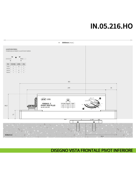 Cerniera pivot idraulica per porta a bilico di grandi dimensioni JNF IN.05.216.HO chiusura automatica portata 500 kg Satinato