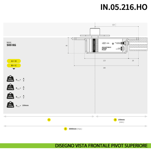 Cerniera pivot idraulica per porta a bilico di grandi dimensioni JNF IN.05.216.HO chiusura automatica portata 500 kg Satinato