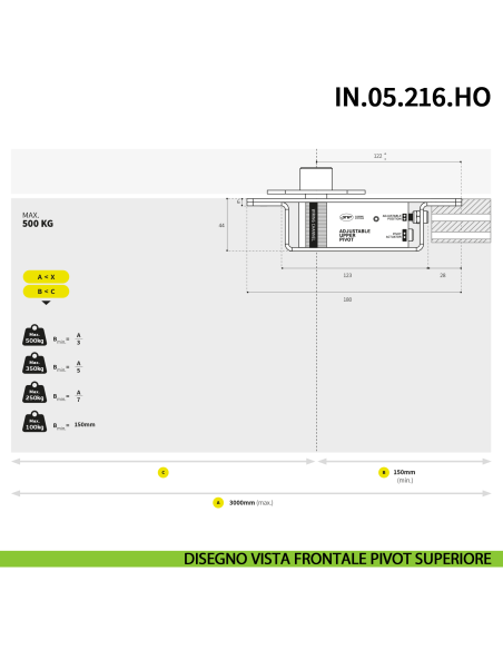 Cerniera pivot idraulica per porta a bilico di grandi dimensioni JNF IN.05.216.HO chiusura automatica portata 500 kg Satinato