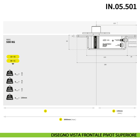 Cerniera pivot per porta a bilico pesante JNF IN.05.501 rotazione libera 360° portata 500 kg Satinato - disegno