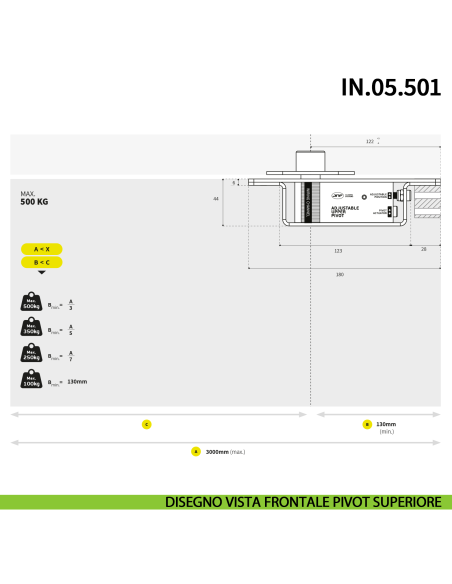 Cerniera pivot per porta a bilico pesante JNF IN.05.501 rotazione libera 360° portata 500 kg Satinato - disegno