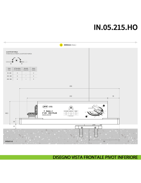 Cerniera pivot idraulica per porta di grandi dimensioni JNF IN.05.215.HO chiusura automatica portata 350 kg Satinato - disegno