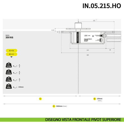 Cerniera pivot idraulica per porta di grandi dimensioni JNF IN.05.215.HO chiusura automatica portata 350 kg Satinato - disegno