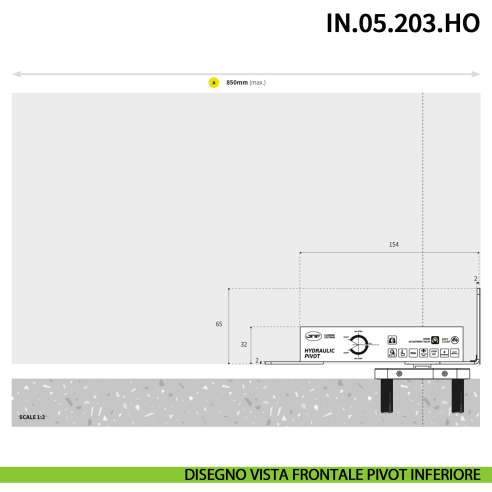 Cerniera pivot per porta interna a bilico JNF IN.05.203.HO chiusura automatica portata 60 kg Satinato - disegno