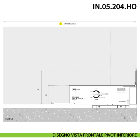 Cerniera pivot idraulica per porta a bilico JNF IN.05.204.HO chiusura automatica portata 100 kg Satinato - disegno