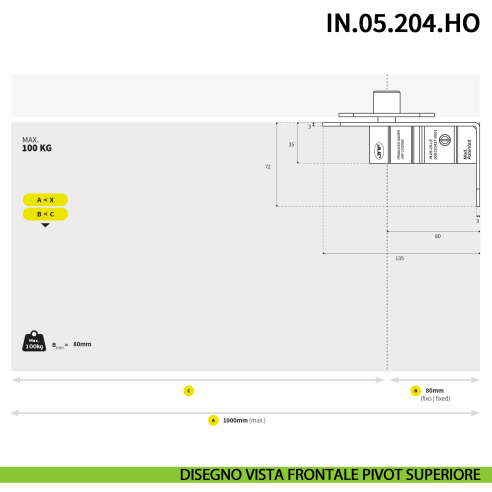 Cerniera pivot idraulica per porta a bilico JNF IN.05.204.HO chiusura automatica portata 100 kg Satinato - disegno