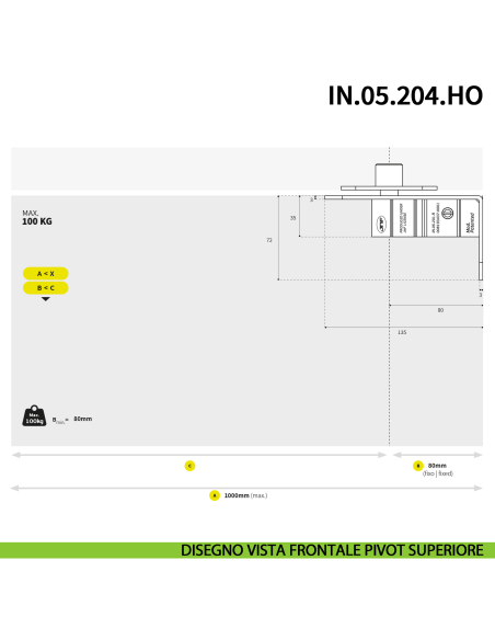 Cerniera pivot idraulica per porta a bilico JNF IN.05.204.HO chiusura automatica portata 100 kg Satinato - disegno