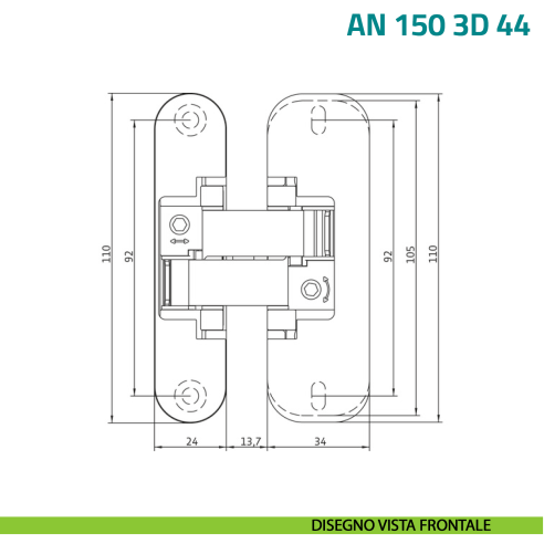 Cerniera a scomparsa regolabile per porta con fresata centrale nel pannello Anselmi AN 150 3D 44 - disegno vista frontale
