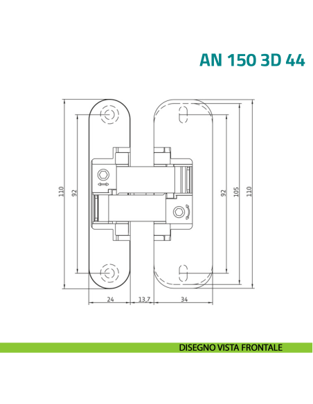 Cerniera a scomparsa regolabile per porta con fresata centrale nel pannello Anselmi AN 150 3D 44 - disegno vista frontale