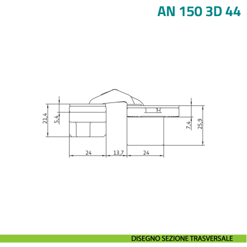 Cerniera a scomparsa regolabile per porta con fresata centrale nel pannello Anselmi AN 150 3D 44 - disegno sezione trasversale