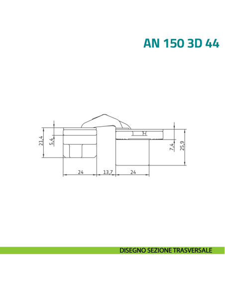Cerniera a scomparsa regolabile per porta con fresata centrale nel pannello Anselmi AN 150 3D 44 - disegno sezione trasversale