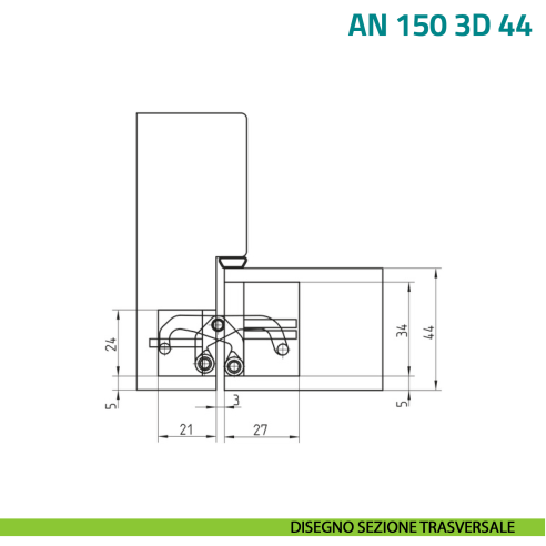 Cerniera a scomparsa regolabile per porta con fresata centrale nel pannello Anselmi AN 150 3D 44 - disegno sezione trasversale