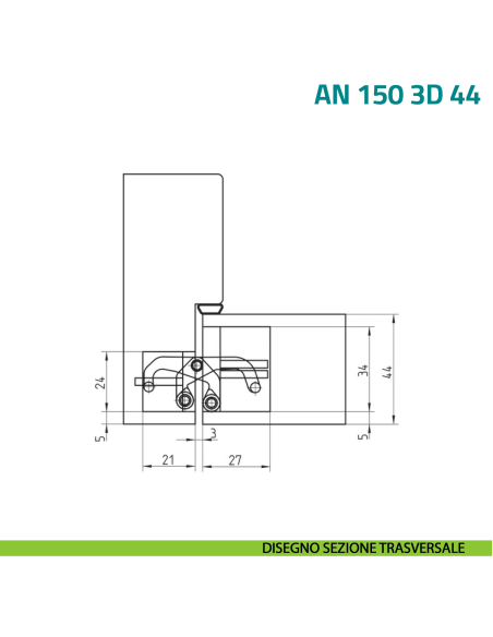 Cerniera a scomparsa regolabile per porta con fresata centrale nel pannello Anselmi AN 150 3D 44 - disegno sezione trasversale