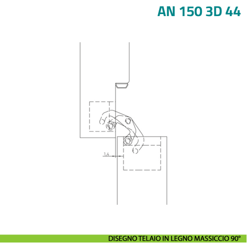 Cerniera a scomparsa regolabile per porta con fresata centrale nel pannello Anselmi AN 150 3D 44 - disegno telaio 90°