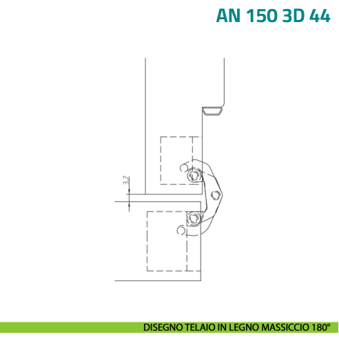 Cerniera a scomparsa regolabile per porta con fresata centrale nel pannello Anselmi AN 150 3D 44 - disegno telaio 180°