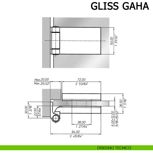 Cerniera per porta in vetro Meroni Gliss GAHA braccio normale - disegno