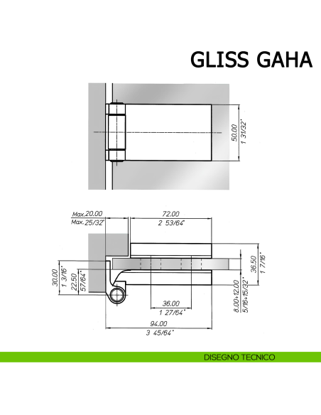 Cerniera per porta in vetro Meroni Gliss GAHA braccio normale - disegno