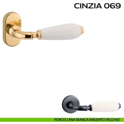 Maniglia con porcellana per porta Cinzia 069 Reguitti con rosetta ovale Porcellana bianca / Argento vecchio