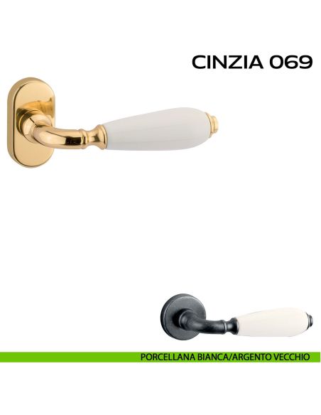 Maniglia con porcellana per porta Cinzia 069 Reguitti con rosetta ovale Porcellana bianca / Argento vecchio