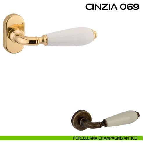 Maniglia con porcellana per porta Cinzia 069 Reguitti con rosetta ovale Porcellana champagne / Antico