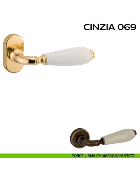 Maniglia con porcellana per porta Cinzia 069 Reguitti con rosetta ovale Porcellana champagne / Antico