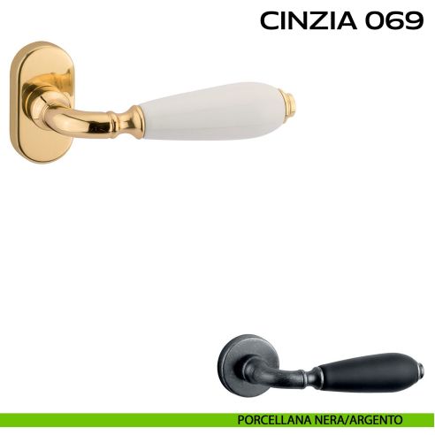 Maniglia con porcellana per porta Cinzia 069 Reguitti con rosetta ovale Porcellana nera / Argento vecchio