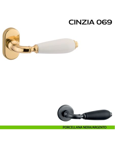 Maniglia con porcellana per porta Cinzia 069 Reguitti con rosetta ovale Porcellana nera / Argento vecchio