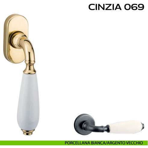 Maniglia martellina DK per finestra Cinzia 069 Reguitti Porcellana bianca / Argento vecchio