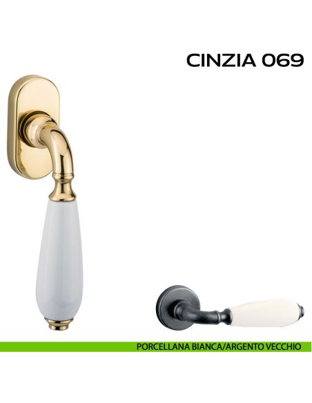 Maniglia martellina DK per finestra Cinzia 069 Reguitti Porcellana bianca / Argento vecchio