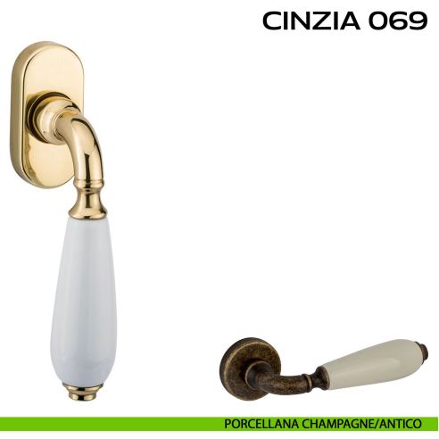 Maniglia martellina DK per finestra Cinzia 069 Reguitti Porcellana champagne / Antico
