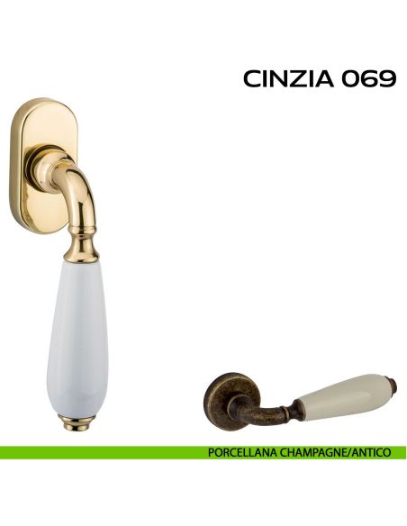 Maniglia martellina DK per finestra Cinzia 069 Reguitti Porcellana champagne / Antico