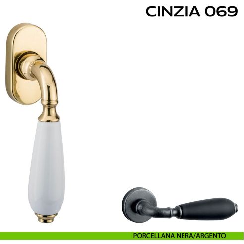 Maniglia martellina DK per finestra Cinzia 069 Reguitti Porcellana nera / Argento vecchio